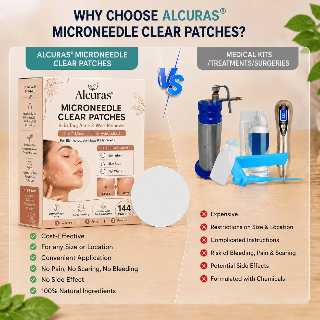 ✨Alcuras® 2-in-1 Microneedle & Hydrocolloid Patch🍀| Removes Raised Moles, Acne, Flat Warts & Skin Tags | Helps Improve Wrinkles, Scars & Blemishes | Invisible Patches for Face & Body