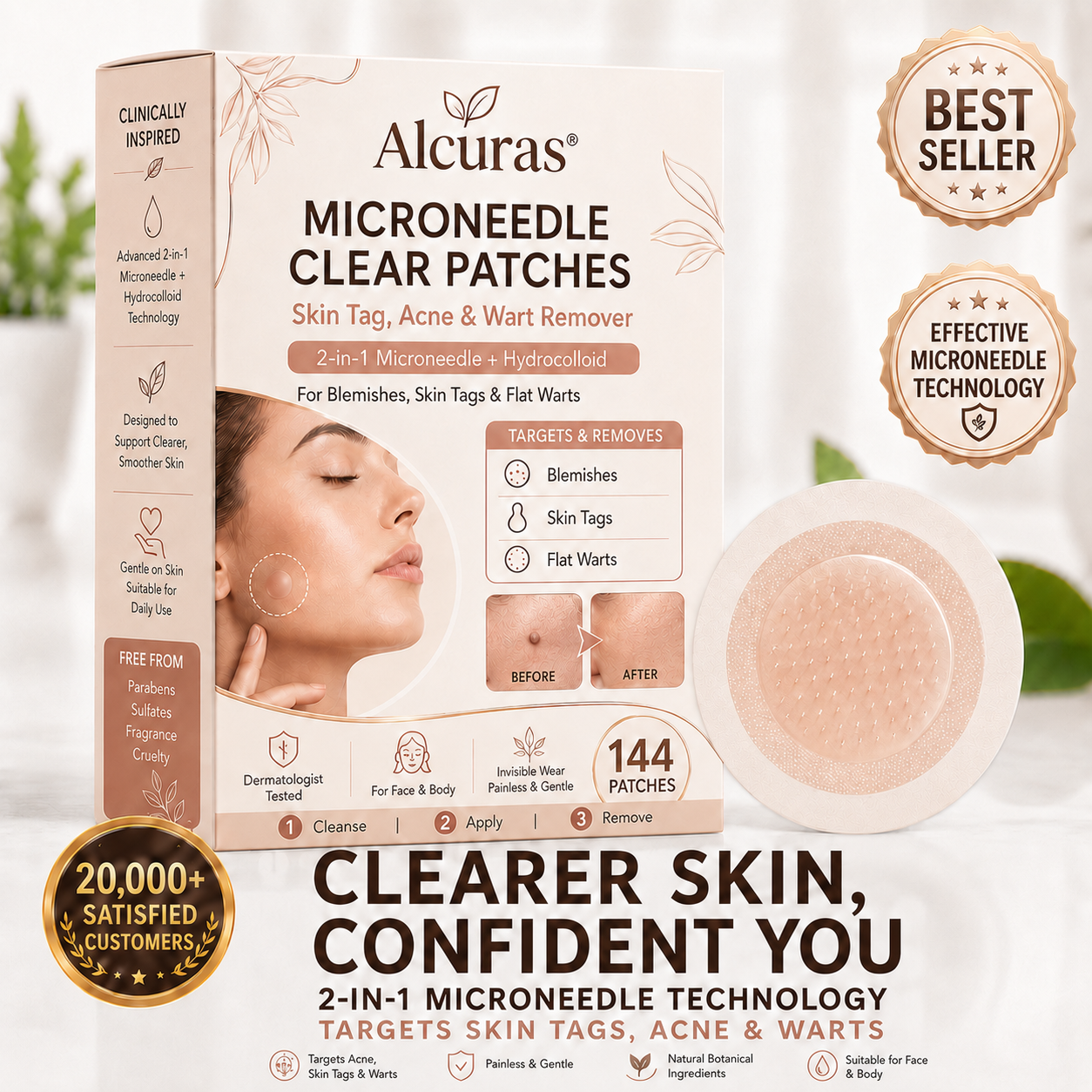 ✨Alcuras® 2-in-1 Microneedle & Hydrocolloid Patch🍀| Removes Raised Moles, Acne, Flat Warts & Skin Tags | Helps Improve Wrinkles, Scars & Blemishes | Invisible Patches for Face & Body